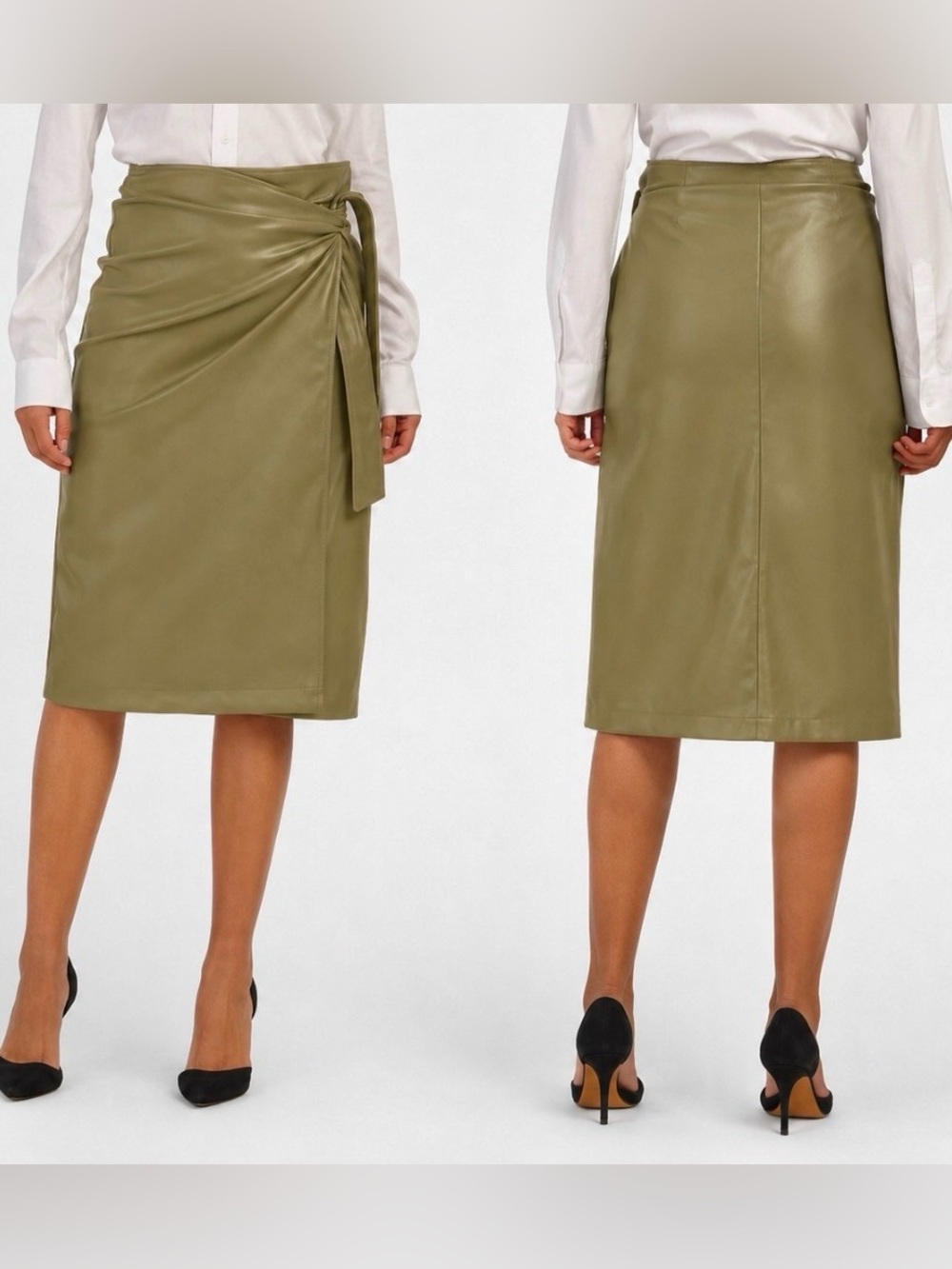7 for all mankind New women olive green faux leather wrap midi skirt self tie XS